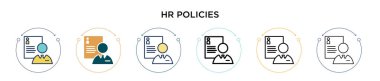 Halkla İlişkiler politikaları ikonu. İnce çizgi, özet ve vuruş tarzı. Mobil, ui, web için iki renkli ve siyah İnsan Kaynakları Politikası vektör simgeleri tasarımı kullanılabilir