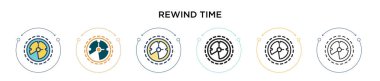 Zamanı geri sarma simgesi, ince çizgi, özet ve vuruş stili. Mobil, ui, web için iki renkli ve siyah zaman vektör ikonu tasarımının vektör illüstrasyonu kullanılabilir
