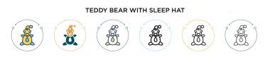 Uyku şapkası ikonuna sahip oyuncak ayı. İnce çizgi, ana hatlar ve vuruş stili. Uyku şapkası vektör simgelerine sahip iki renkli ve siyah oyuncak ayının vektör illüstrasyonu taşınabilir, ui, 