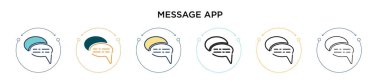 İleti uygulaması simgesi doldurulmuş, ince çizgi, özet ve vuruş stili. Mobil, ui, web için iki renkli ve siyah mesaj uygulama vektör simgesi tasarımı kullanılabilir