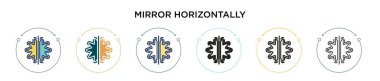 Yatay olarak ikon şeklinde yansıt, ince çizgi, çizgi ve çizgi şeklinde. İki renkli ve siyah ayna yatay vektör simgelerinin vektör illüstrasyonu mobil, ui, web için kullanılabilir