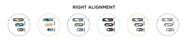 Sağ hizalama simgesi doldurulmuş, ince çizgi, özet ve vuruş stili. Mobil, ui, web için iki renkli ve siyah sağ hizalama vektör simgesi tasarımı kullanılabilir