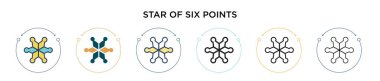 Altı noktalı ikon yıldızı, ince çizgi, özet ve vuruş stili. Altı noktalı vektör simgelerinden oluşan iki renkli ve siyah yıldızın vektör illüstrasyonu mobil, ui, web için kullanılabilir