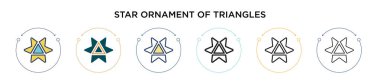 Üçgen ikonunun yıldız süslemesi. Dopdolu, ince çizgi, dış hat ve vuruş stili. Üçgen vektör simgelerinin iki renkli ve siyah yıldız süslemesi mobil için kullanılabilir, ui,