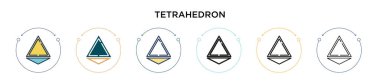Tetrahedron simgesi doldurulmuş, ince çizgi, ana hatlar ve vuruş stili. Mobil, ui, web için iki renkli ve siyah dörtyüzlü vektör ikonu tasarımı vektör illüstrasyonu kullanılabilir