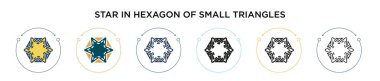 Altıgen şeklinde küçük üçgen ikonu olan bir yıldız. Dolu, ince çizgi, dış hat ve vuruş stili. Küçük üçgen vektör simgelerinden oluşan altıgen içinde iki renkli ve siyah yıldızın vektör çizimi kullanılabilir