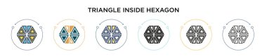 Altıgen ikonunun içindeki üçgen, ince çizgi, dış hat ve vuruş stili. Altıgen vektör simgeleri içindeki iki renkli ve siyah üçgenin vektör çizimi mobil, ui, web için kullanılabilir