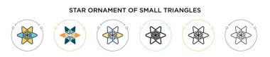 Küçük üçgen ikonlarının yıldız süslemesi. Dopdolu, ince çizgi, dış hat ve vuruş stili. Küçük üçgen vektör simgelerinin iki renkli ve siyah yıldız süslemesi için vektör illüstrasyonu kullanılabilir