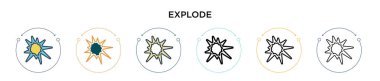 Simgeyi doldurulmuş, ince çizgi halinde, ana hatlarıyla ve vuruş tarzıyla patlat. İki renkli ve siyah patlama vektör simgesi tasarımı mobil, ui, web için kullanılabilir