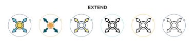 Simgeyi doldurulmuş, ince çizgi halinde, ana hatlarıyla ve vuruş tarzıyla genişletin. Mobil, ui, web için iki renkli ve siyah uzatma vektör simgesi çizimi kullanılabilir