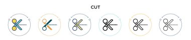 Kesme simgesi doldurulmuş, ince çizgi, taslak ve vuruş stili. Mobil, ui, web için iki renkli ve siyah kesim vektör ikonu tasarımı vektör illüstrasyonu kullanılabilir