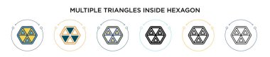 Altıgen simgesinin içinde çok sayıda üçgen var. Dopdolu, ince çizgi, dış hat ve vuruş stili. Altıgen vektör simgeleri içindeki iki renkli ve siyah çoklu üçgenin vektör çizimi kullanılabilir 