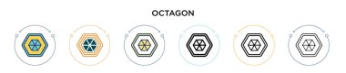 Sekizgen simgesi dolu, ince çizgi, özet ve vuruş stili. İki renkli ve siyah sekizgen vektör ikonu tasarımının vektör illüstrasyonu mobil, ui, web için kullanılabilir