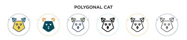 Çokgen kedi simgesi ile doldurulmuş, ince çizgi, ana hatlar ve vuruş stili. Mobil, ui, web için iki renkli ve siyah çokgen kedi vektör ikonu tasarımı vektör illüstrasyonu kullanılabilir