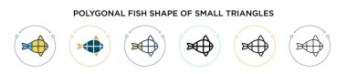 Küçük üçgen ikon şeklinde çokgen balıklar. Dopdolu, ince çizgi, dış hat ve vuruş stili. Küçük üçgen vektör simgelerinden oluşan iki renkli ve siyah çokgen balığın vektör çizimi 