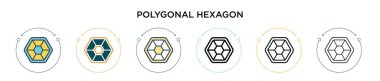 Çokgen altıgen simgesi ile doldurulmuş, ince çizgi, ana hat ve vuruş stili. Mobil, ui, web için iki renkli ve siyah altıgen vektör ikonlarının vektör çizimi kullanılabilir