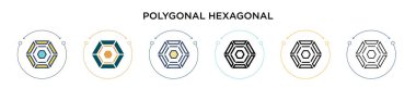 Çokgen altıgen simgesi ile doldurulmuş, ince çizgi, ana hat ve vuruş stili. Mobil, ui, web için iki renkli ve siyah altıgen vektör ikonlarının vektör çizimi kullanılabilir