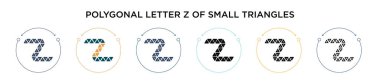 Küçük üçgenlerin çokgen harfleri olan z harfi, doldurulmuş, ince çizgi, dış hat ve vuruş stili. İki renkli ve siyah çokgen harfin vektör çizimi küçük üçgen vektör simgeleri z olabilir 
