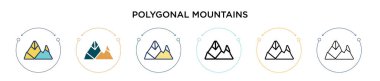 Çokgen dağ simgesi dolu, ince çizgi, ana hatlar ve vuruş stili. Mobil, ui, web için iki renkli ve siyah çokgen dağ vektör ikonlarının vektör çizimi kullanılabilir