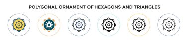Altıgenlerin ve üçgenlerin çokgen süslemeleri. Dolu, ince çizgi, dış hat ve çizgi şeklinde ikon. Altıgenlerin ve üçgen vektör simgelerinin iki renkli ve siyah çokgen süslemesinin vektör çizimi