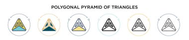 Üçgen üçgenlerin çokgen piramidi. Dopdolu, ince çizgi, dış hat ve vuruş stili. Üçgen vektör simgelerinin iki renkli ve siyah çokgen piramidinin vektör çizimi 