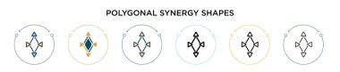 Çokgen sinerji ikonu doldurulmuş, ince çizgi, özet ve vuruş tarzıyla şekillendirir. İki renkli ve siyah çokgen sinerji şekillerinin vektör illüstrasyonu vektör simgeleri mobil, ui, web için kullanılabilir
