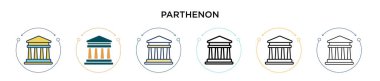 Partenon simgesi dolu, ince çizgi, özet ve vuruş stili. Mobil, ui, web için iki renkli ve siyah partenon vektör ikonu tasarımının vektör illüstrasyonu kullanılabilir