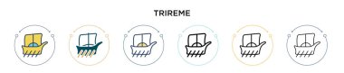 Trireme simgesi doldurulmuş, ince çizgi, özet ve vuruş stili. Mobil, ui, web için iki renkli ve siyah trireme vektör ikonu tasarımının vektör illüstrasyonu kullanılabilir