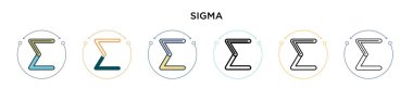 Sigma simgesi doldurulmuş, ince çizgi, özet ve vuruş stili. Mobil, ui, web için iki renkli ve siyah sigma vektör simgesinin vektör çizimi kullanılabilir