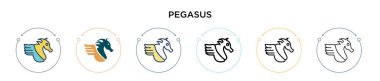 Pegasus simgesi doldurulmuş, ince çizgi, özet ve vuruş stili. Mobil, ui, web için iki renkli ve siyah pegasus vektör ikonu tasarımının vektör illüstrasyonu kullanılabilir
