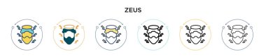 Zeus simgesi doldurulmuş, ince çizgi, ana hatlar ve vuruş stili. Mobil, ui, web için iki renkli ve siyah Zeus vektör simgesinin vektör çizimi kullanılabilir