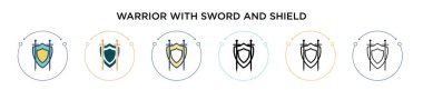 Kılıç ve kalkan simgesi dolu, ince çizgi, dış hatları ve vuruş stili olan bir savaşçı. Kılıç ve kalkan vektör simgelerine sahip iki siyah ve renkli savaşçının vektör çizimi 