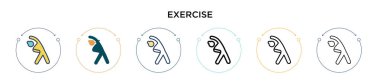 Egzersiz simgesi doldurulmuş, ince çizgi, özet ve vuruş stili. Mobil, ui, web için iki renkli ve siyah egzersiz vektör ikonu tasarımının vektör illüstrasyonu kullanılabilir