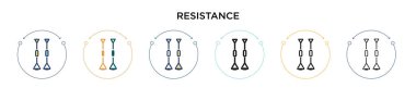 Direniş simgesi dolu, ince çizgi, ana hatlar ve vuruş stili. Mobil, ui, web için iki renkli ve siyah direnç vektör ikonu tasarımının vektör illüstrasyonu kullanılabilir