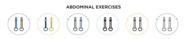 Abdominal egzersiz ikonu. Dopdolu, ince çizgi, özet ve vuruş stili. İki renkli ve siyah abdominal egzersizin vektör illüstrasyonu vektör simgeleri mobil, ui, web için kullanılabilir