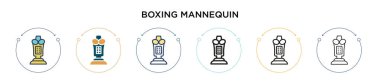 Boks mankeni ikonu. Dopdolu, ince çizgi halinde. Taslak ve vuruş stili. Mobil, ui, web için iki renkli ve siyah boks manken vektör ikonu tasarımı vektör illüstrasyonu kullanılabilir