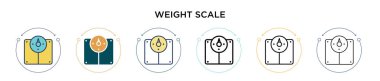 Ağırlık ölçeği simgesi dolu, ince çizgi, özet ve vuruş stili. Mobil, ui, web için iki renkli ve siyah ağırlık vektör ikonu tasarımının vektör illüstrasyonu kullanılabilir