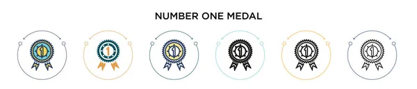 Icono Medalla Número Uno Línea Llena Delgada Contorno Estilo Trazo — Vector de stock