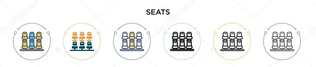 Seats icon in filled, thin line, outline and stroke style. Vector illustration of two colored and black seats vector icons designs can be used for mobile, ui, web