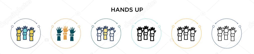 Hands up icon in filled, thin line, outline and stroke style. Vector illustration of two colored and black hands up vector icons designs can be used for mobile, ui, web