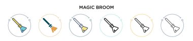 Sihirli süpürge ikonu, ince çizgi, özet ve vuruş stili. Mobil, ui, web için iki renkli ve kara büyü süpürge vektör ikonu tasarımı vektör illüstrasyonu kullanılabilir