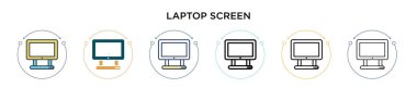Dizüstü bilgisayar ekran simgesi doldurulmuş, ince çizgi, özet ve vuruş stili. Mobil, ui, web için iki renkli ve siyah dizüstü bilgisayar vektör simgesi tasarımı vektör illüstrasyonu kullanılabilir