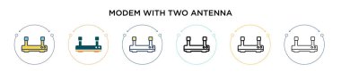 İçinde iki anten simgesi olan modem, ince çizgi, özet ve vuruş stili. İki anten vektör çizimi ve iki anten vektör ikonu modemi mobil, ui, web için kullanılabilir