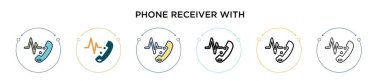 Sinyal ikonlu telefon alıcısı. İnce çizgi, özet ve vuruş stili. Sinyal vektör simgelerine sahip iki renkli ve siyah telefon alıcısının vektör illüstrasyonu mobil, ui için kullanılabilir,