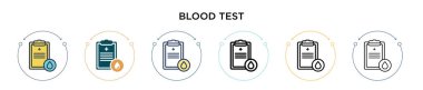 Kan testi ikonu doldurulmuş, ince çizgi, özet ve vuruş stili. Mobil, ui, web için iki renkli ve siyah kan testi vektör ikonu tasarımının vektör illüstrasyonu kullanılabilir