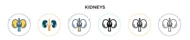 Böbrek ikonu dolu, ince çizgi, dış hatlar ve vuruş stili. İki renkli ve siyah böbrek vektör ikonu tasarımı mobil, ui, web için kullanılabilir