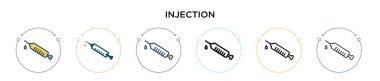 Enjeksiyon ikonu doldurulmuş, ince çizgi, ana hatlar ve vuruş stili. Mobil, ui, web için iki renkli ve siyah enjeksiyon vektör ikonu tasarımı vektör illüstrasyonu kullanılabilir