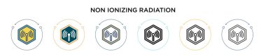 İyonlaştırıcı olmayan radyasyon ikonu dolu, ince çizgi, ana hatlar ve vuruş stili. Mobil, ui, web için iki renkli ve siyah iyonize olmayan radyasyon vektör ikonu tasarımı vektör illüstrasyonu kullanılabilir