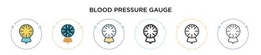 Tansiyon göstergesi simgesi doldurulmuş, ince çizgi, ana hatlar ve vuruş stili. Mobil, ui, web için iki renkli ve siyah tansiyon ölçer vektör ikonu tasarımı vektör illüstrasyonu kullanılabilir