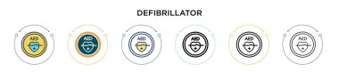 Defibrilatör simgesi doldurulmuş, ince çizgi, ana hatlar ve vuruş stili. Mobil, ui, web için iki renkli ve siyah defibrilatör vektör ikonu tasarımı vektör illüstrasyonu kullanılabilir